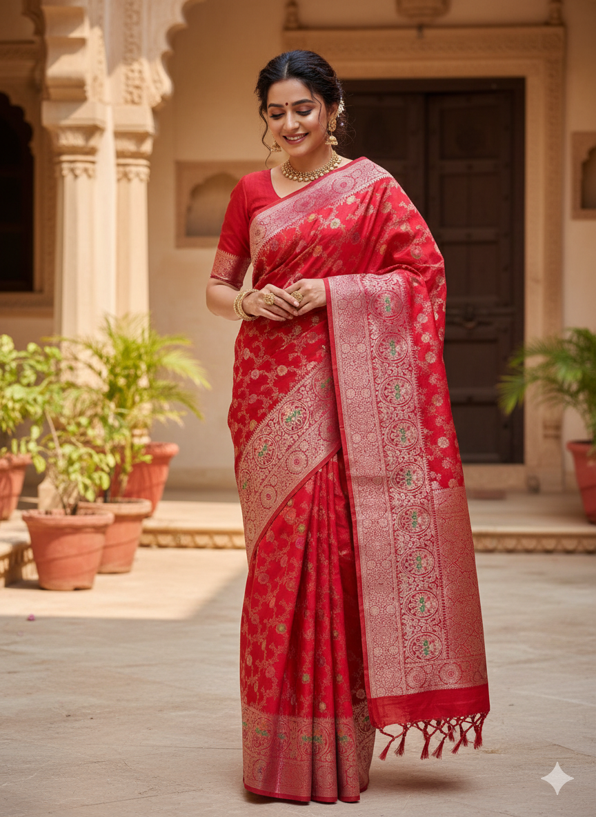 Red Banarasi Summer Silk Saree with Minakari Jaal Work by Shades Of Banaras - banarasi - banarasi saree shop - banarasi saree manufacturers - banarasi saree wholesale - banaraasi sarees