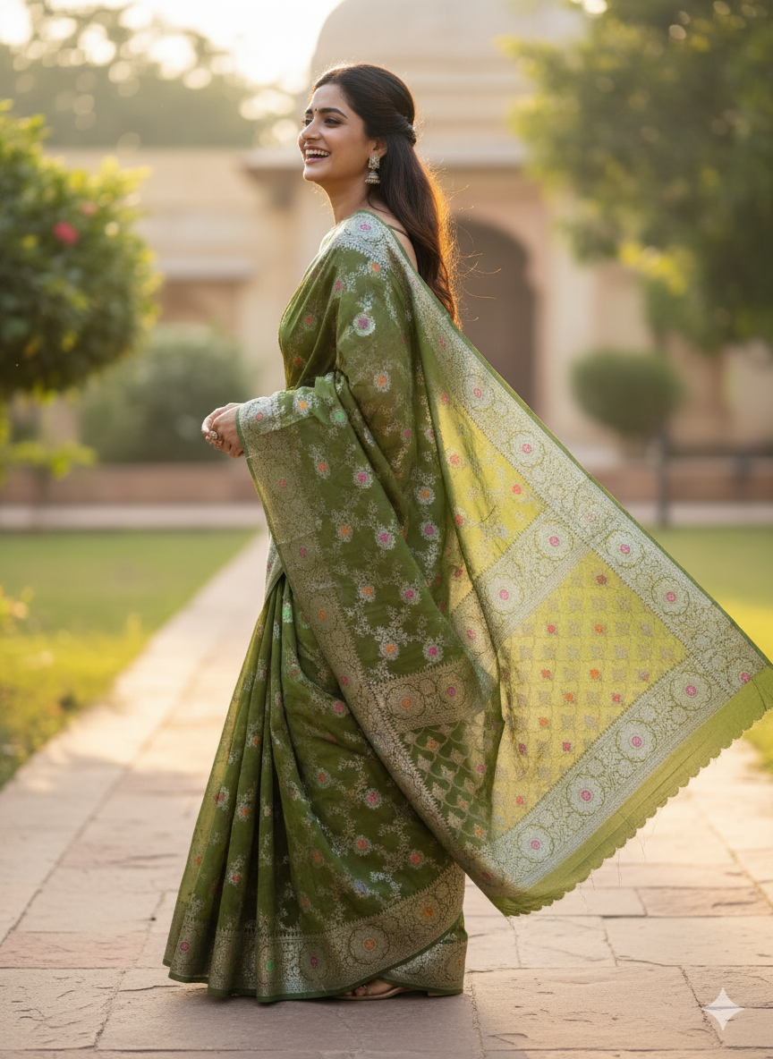 Pastel Green Banarasi Summer Silk Saree with Minakari by Shades Of Banaras - banarasi - banarasi saree shop - banarasi saree manufacturers - banarasi saree wholesale - banaraasi sarees