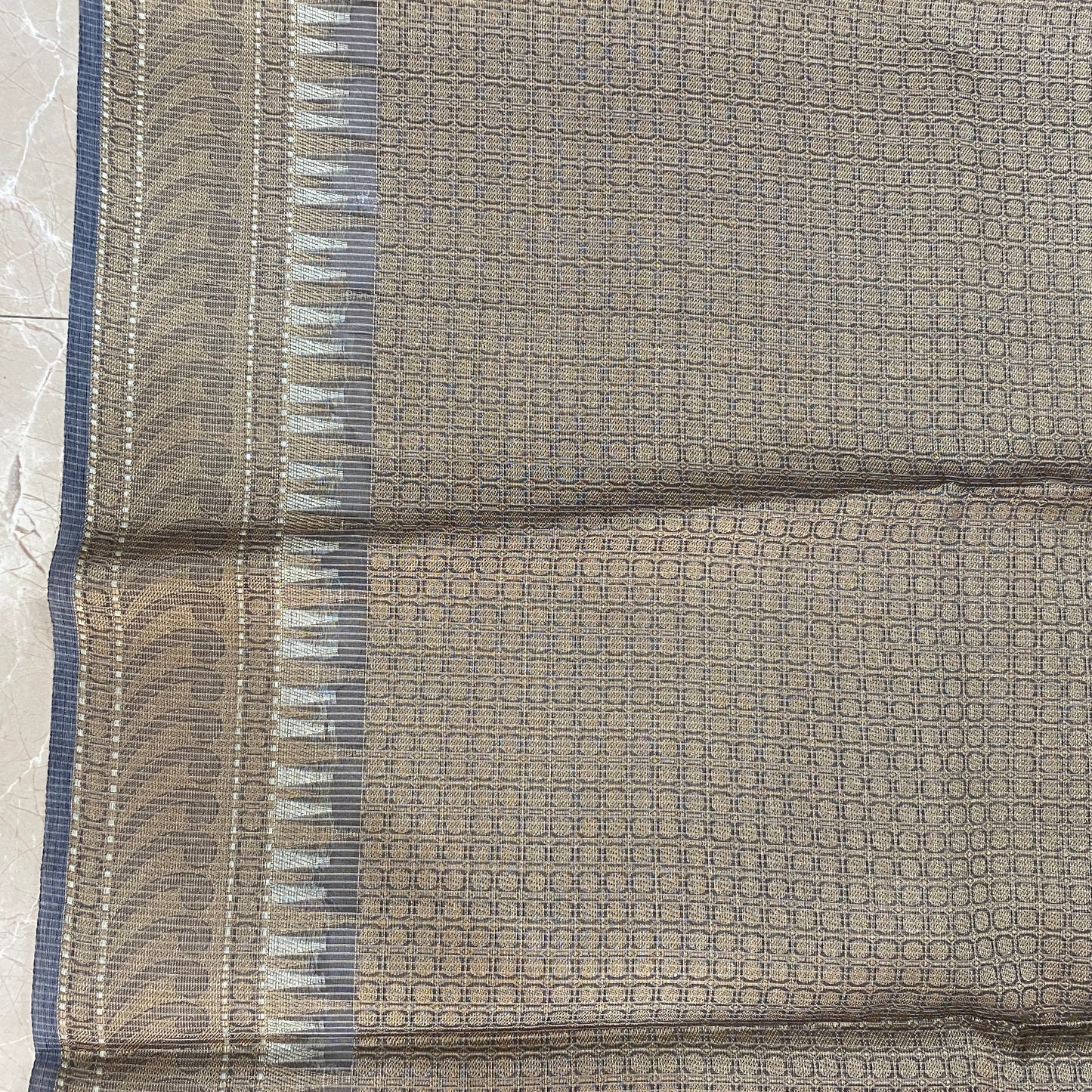 Silver Serenity — Pure Cotton Kota Check Banarasi Saree with Brocade Blouse by Shades Of Banaras - banarasi - banarasi saree shop - banarasi saree manufacturers - banarasi saree wholesale - banaraasi sarees