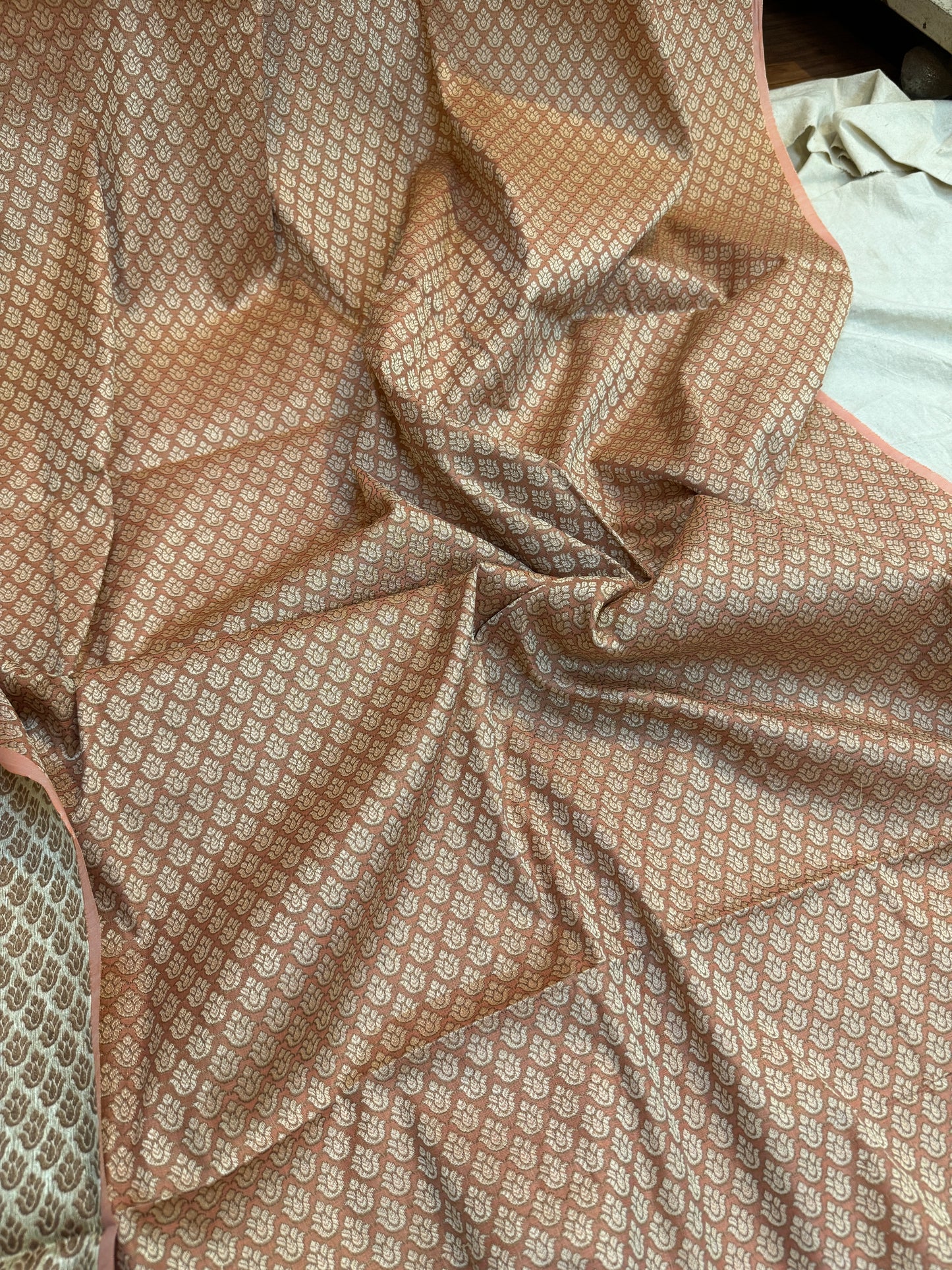 Charming Elegance: The Peach 3-Piece Handloom Pure Cotton Banarasi Suit Set by Shades Of Benares - banarasi - banarasi saree shop - banarasi saree manufacturers - banarasi saree wholesale - banaraasi sarees