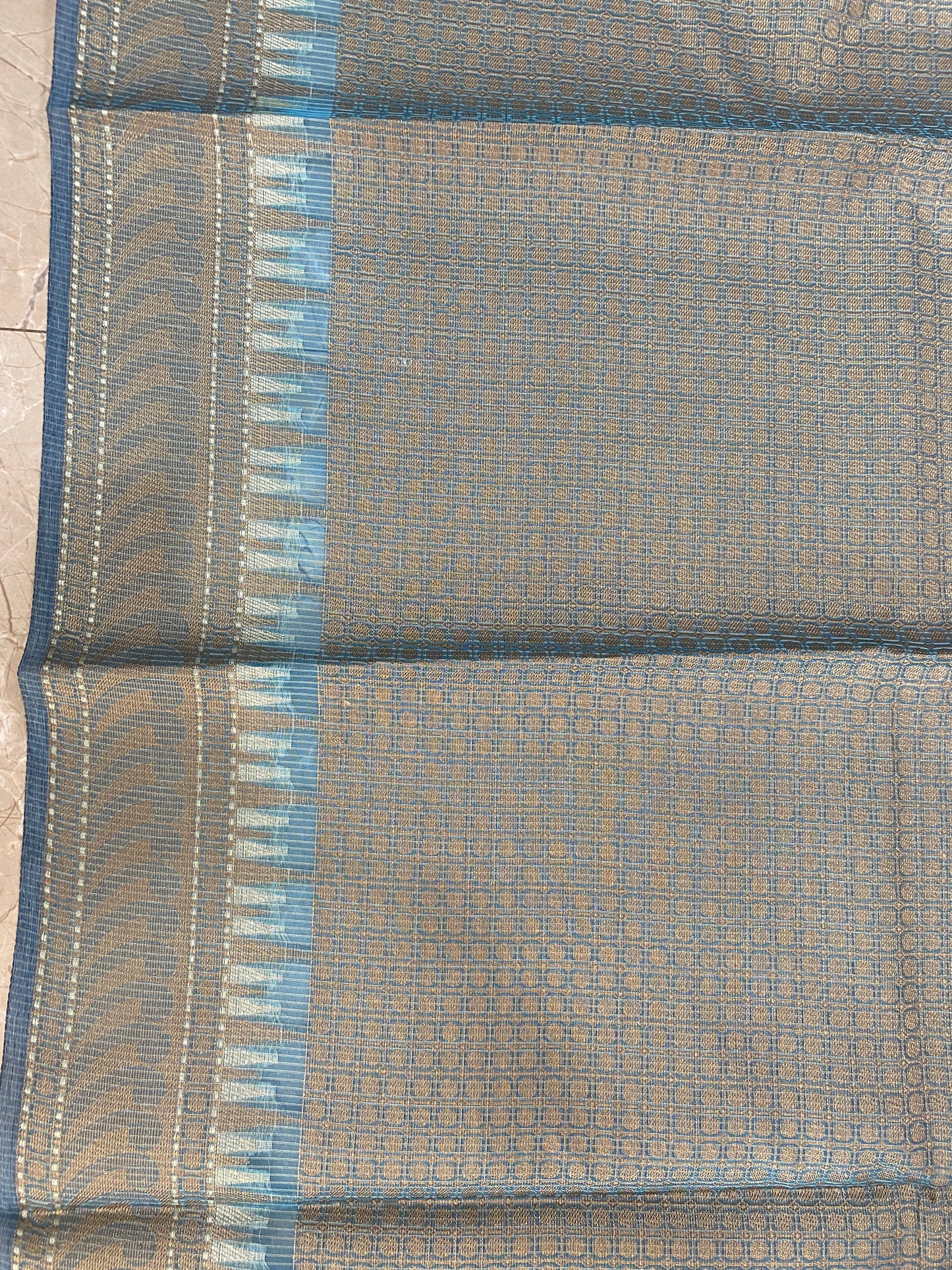 Sky Tranquil — Pure Cotton Kota Check Banarasi Saree with Brocade Blouse by Shades Of Banaras - banarasi - banarasi saree shop - banarasi saree manufacturers - banarasi saree wholesale - banaraasi sarees