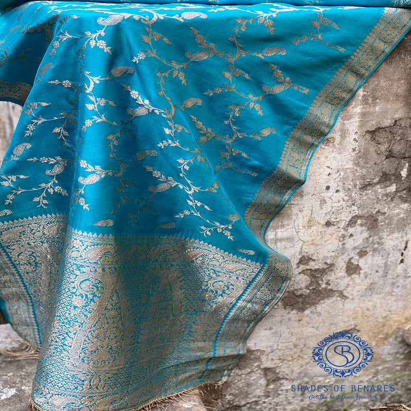 Sky blue Banarasi handloom Kadhwa silk scarf with ethereal design.