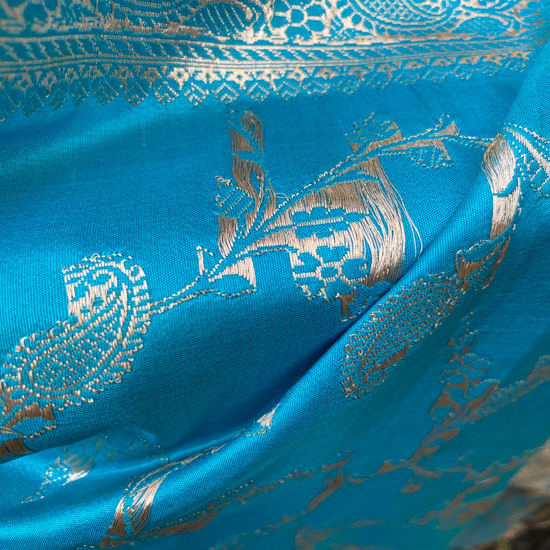 Banarasi handloom silk scarf in ethereal sky blue hue.