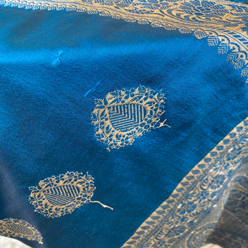 Limited edition Elegant Blue Banarasi Handloom Kadhwa Silk Scarf.