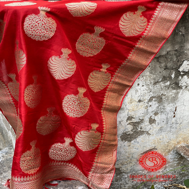 Luxurious deep red Banarasi handloom kadhwa silk scarf with intricate detailing. Elevate your style with this timeless accessory.
