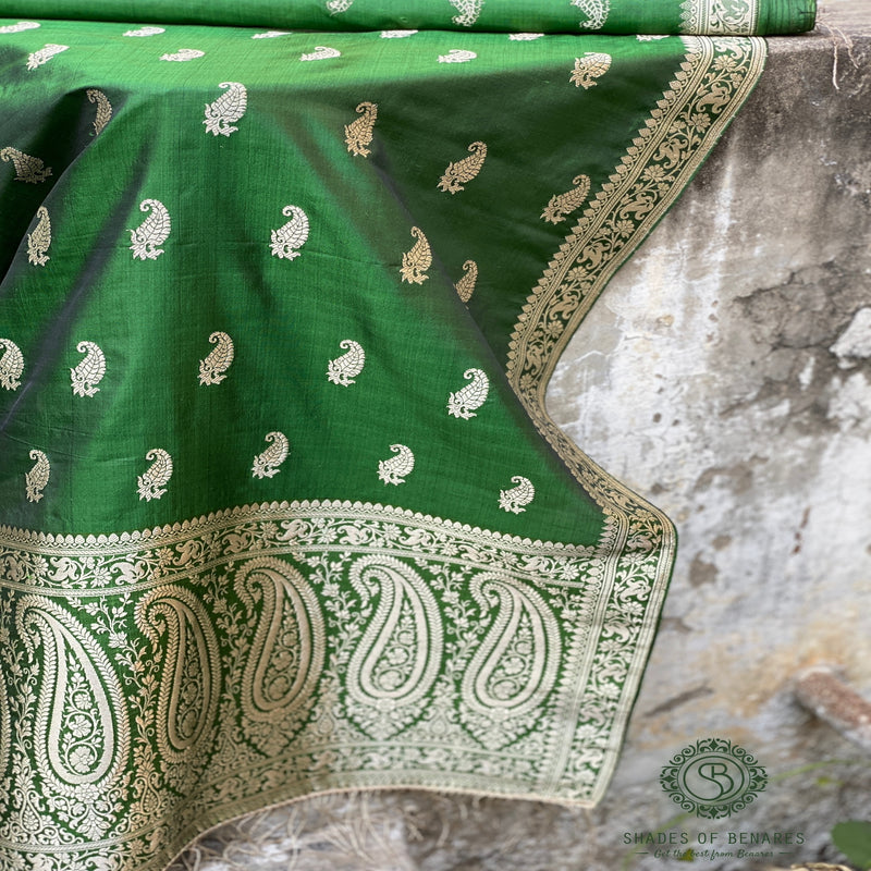 Green Banarasi handloom kadhwa silk scarf, handcrafted with artisanal expertise. Elegant, sophisticated, and stylish. Shop now for luxury!