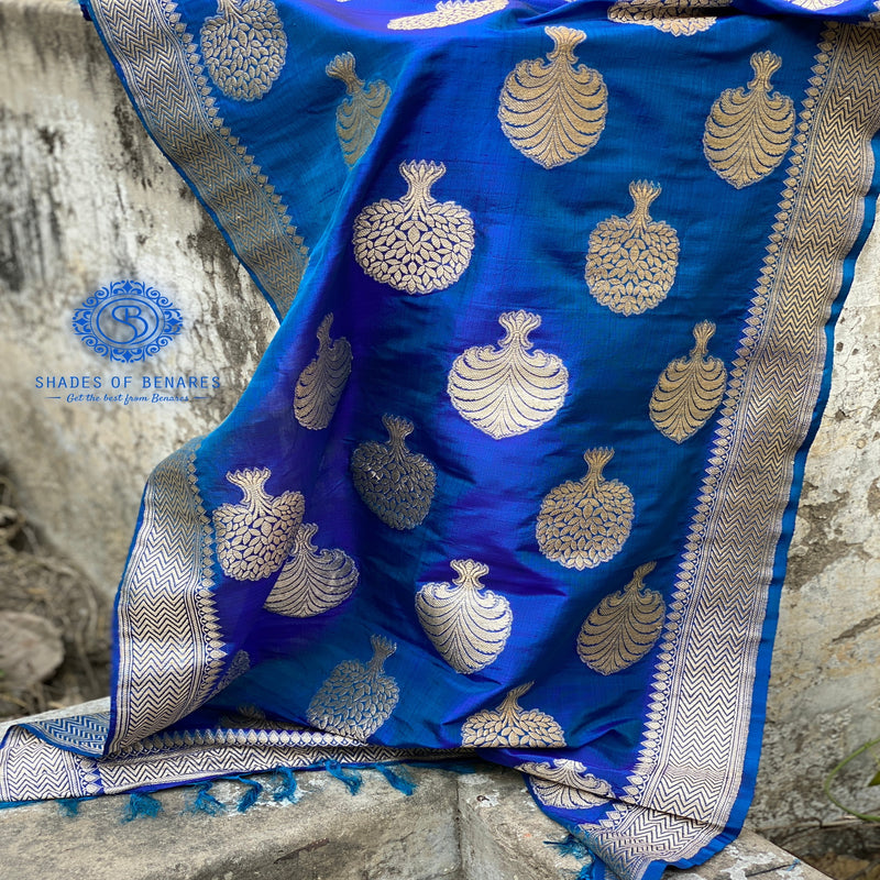 Regal royal blue Banarasi handloom kadhwa silk scarf. Intricate kadhwa work. Timeless charm and sophistication. Shop now for opulence and grace!