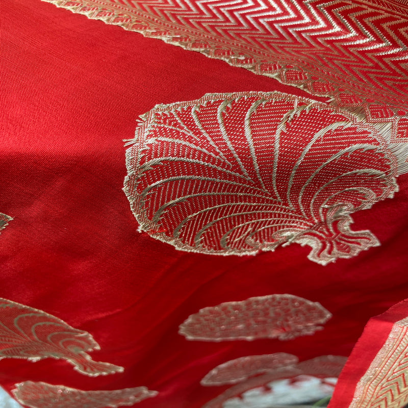 Vibrant red Banarasi handloom kadhwa silk scarf, handwoven with intricate work for timeless elegance and sophistication.