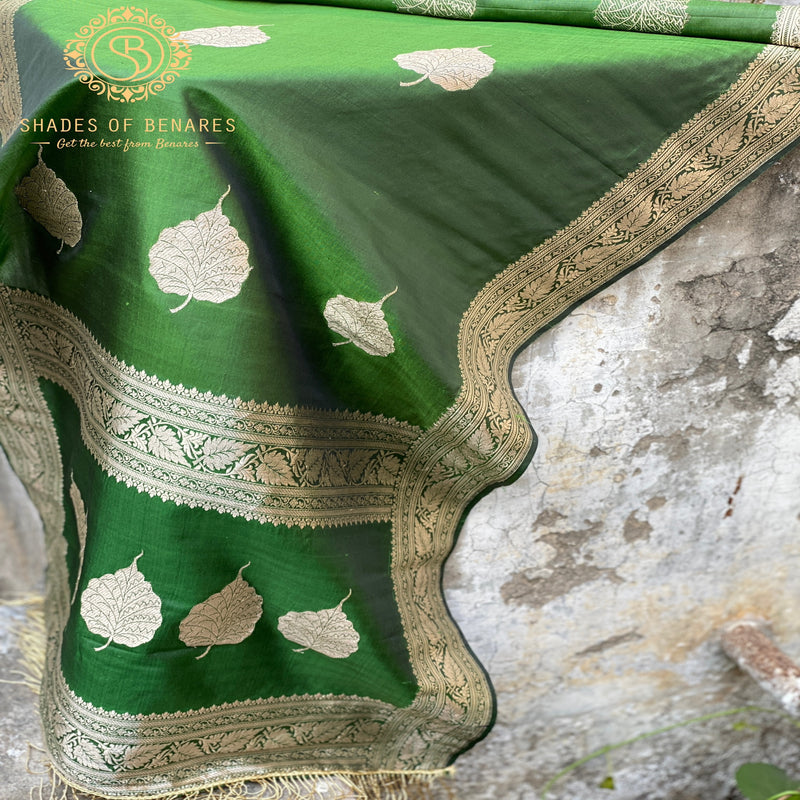 Leaf green Banarasi handloom kadhwa silk scarf with intricate work, exuding timeless elegance and sophistication.
