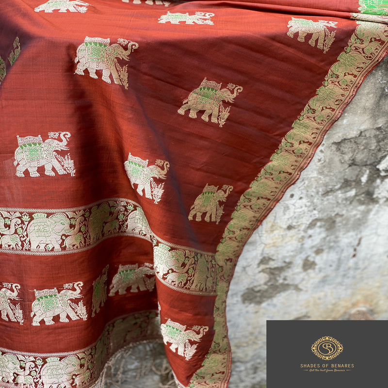 Maroon Banarasi handloom kadhwa silk scarf with intricate work, exuding timeless beauty and sophistication.