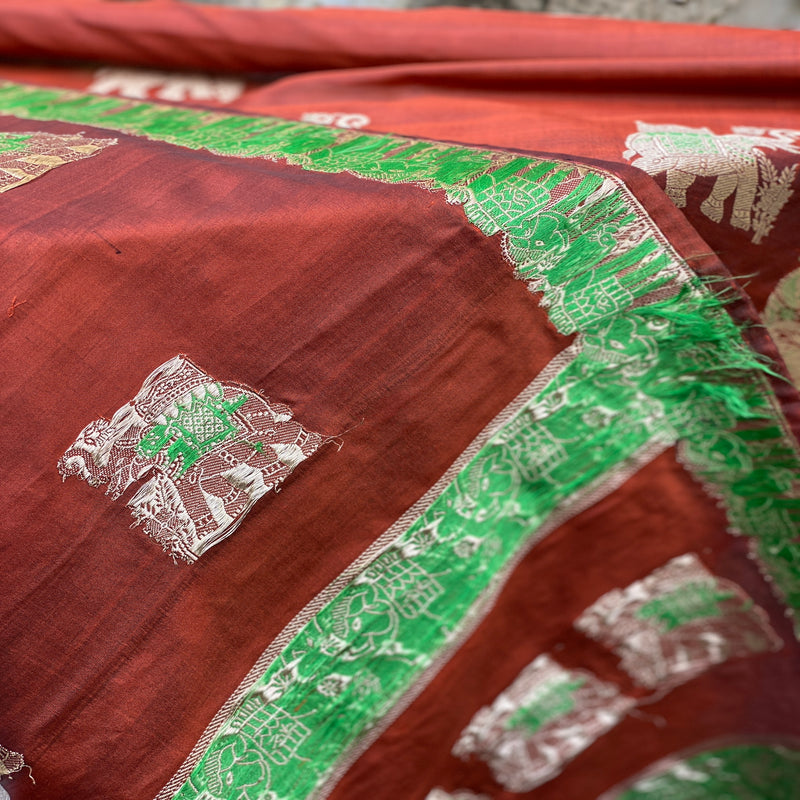 Elevate your style with our classy maroon Banarasi handloom kadhwa silk scarf, a touch of opulence.