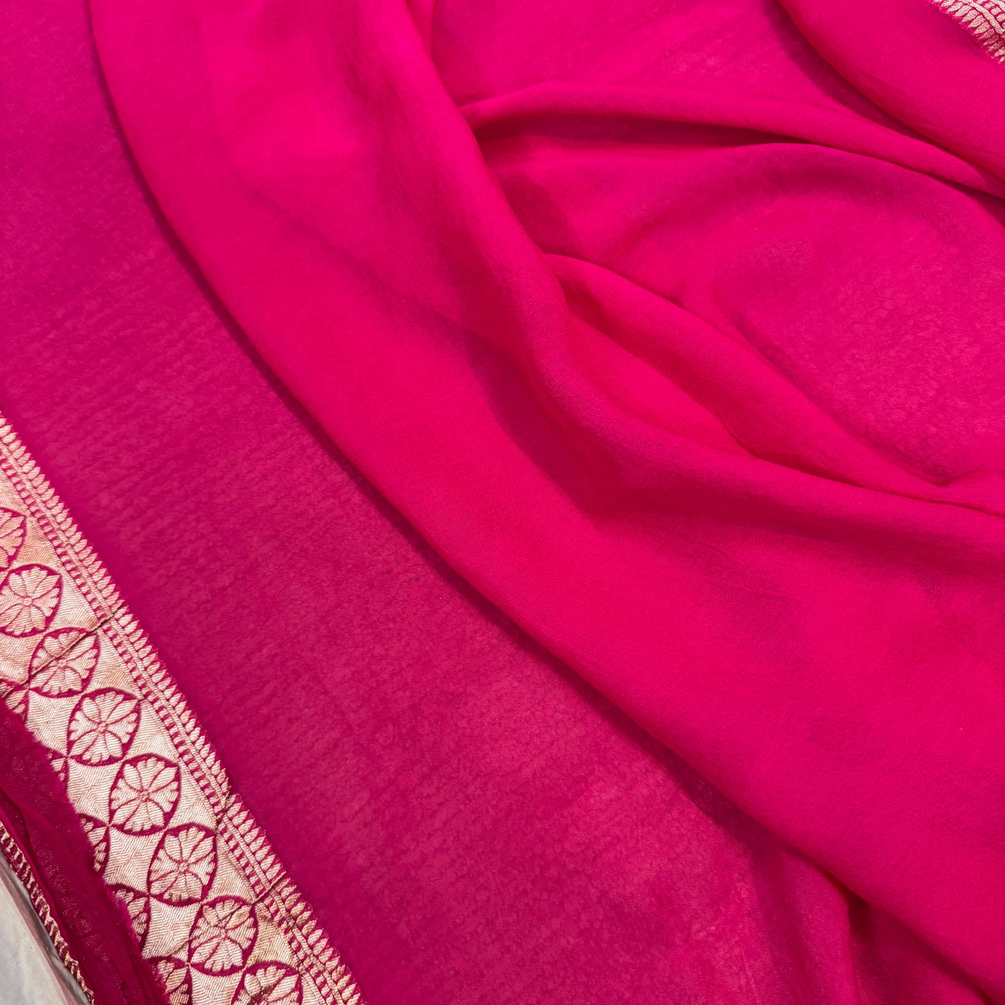 Rani Pink Pure Khaddi Georgette Handloom Banarasi Saree with All Over Handwoven Floral Jaal & Plain Blouse Piece – Fine Water Zari by Shades Of Benares - banarasi - banarasi saree shop - banarasi saree manufacturers - banarasi saree wholesale - banaraasi sarees