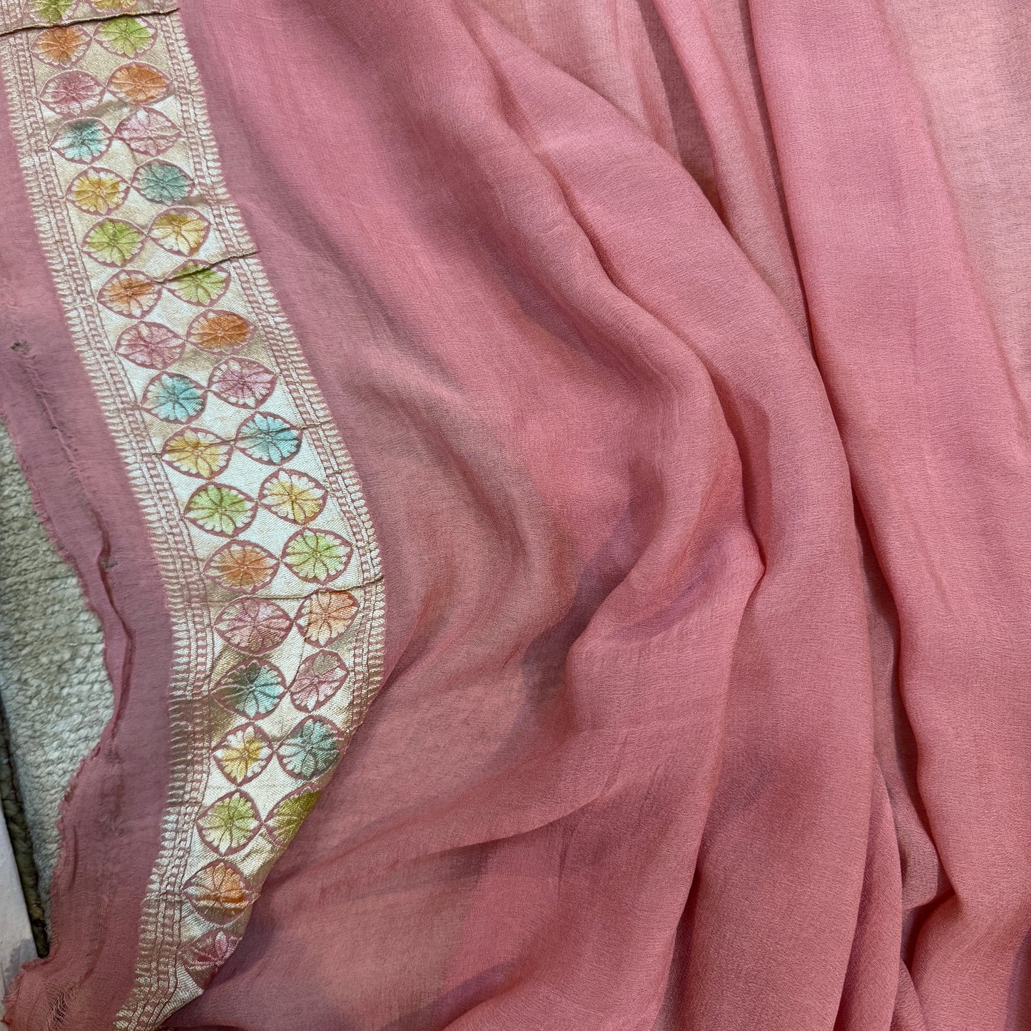 Peach Pure Khaddi Georgette Handloom Banarasi Saree with All Over Handwoven Floral Jaal & Plain Blouse Piece – Hand Brush Dye by Shades Of Benares - banarasi - banarasi saree shop - banarasi saree manufacturers - banarasi saree wholesale - banaraasi sarees