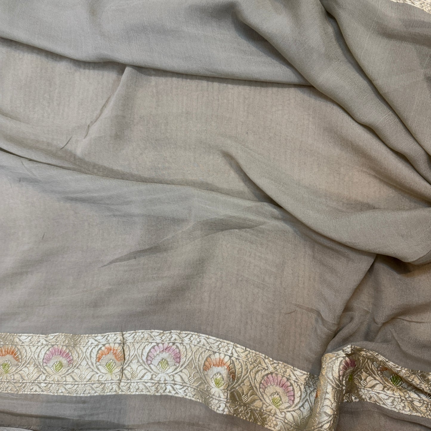 Grey Pure Khaddi Georgette Handloom Banarasi Saree – Hand Brush Dye by Shades Of Benares - banarasi - banarasi saree shop - banarasi saree manufacturers - banarasi saree wholesale - banaraasi sarees