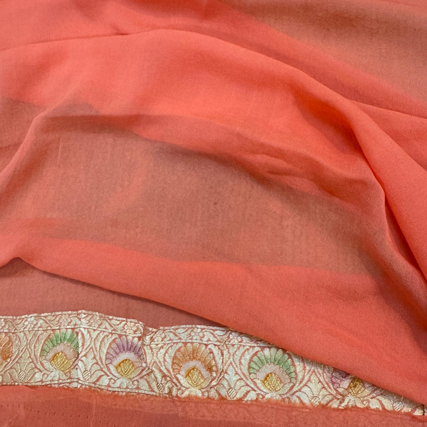 Peachish Pink Pure Khaddi Georgette Handloom Banarasi Saree – Hand Brush Dye by Shades Of Benares - banarasi - banarasi saree shop - banarasi saree manufacturers - banarasi saree wholesale - banaraasi sarees