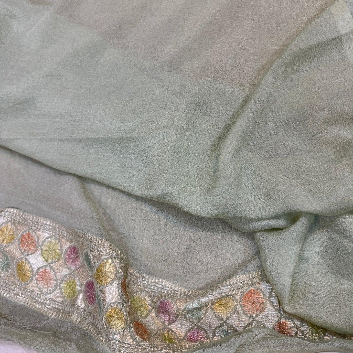 Light Grey Pure Khaddi Georgette Handloom Banarasi Saree – Hand Brush Dye by Shades Of Benares - banarasi - banarasi saree shop - banarasi saree manufacturers - banarasi saree wholesale - banaraasi sarees