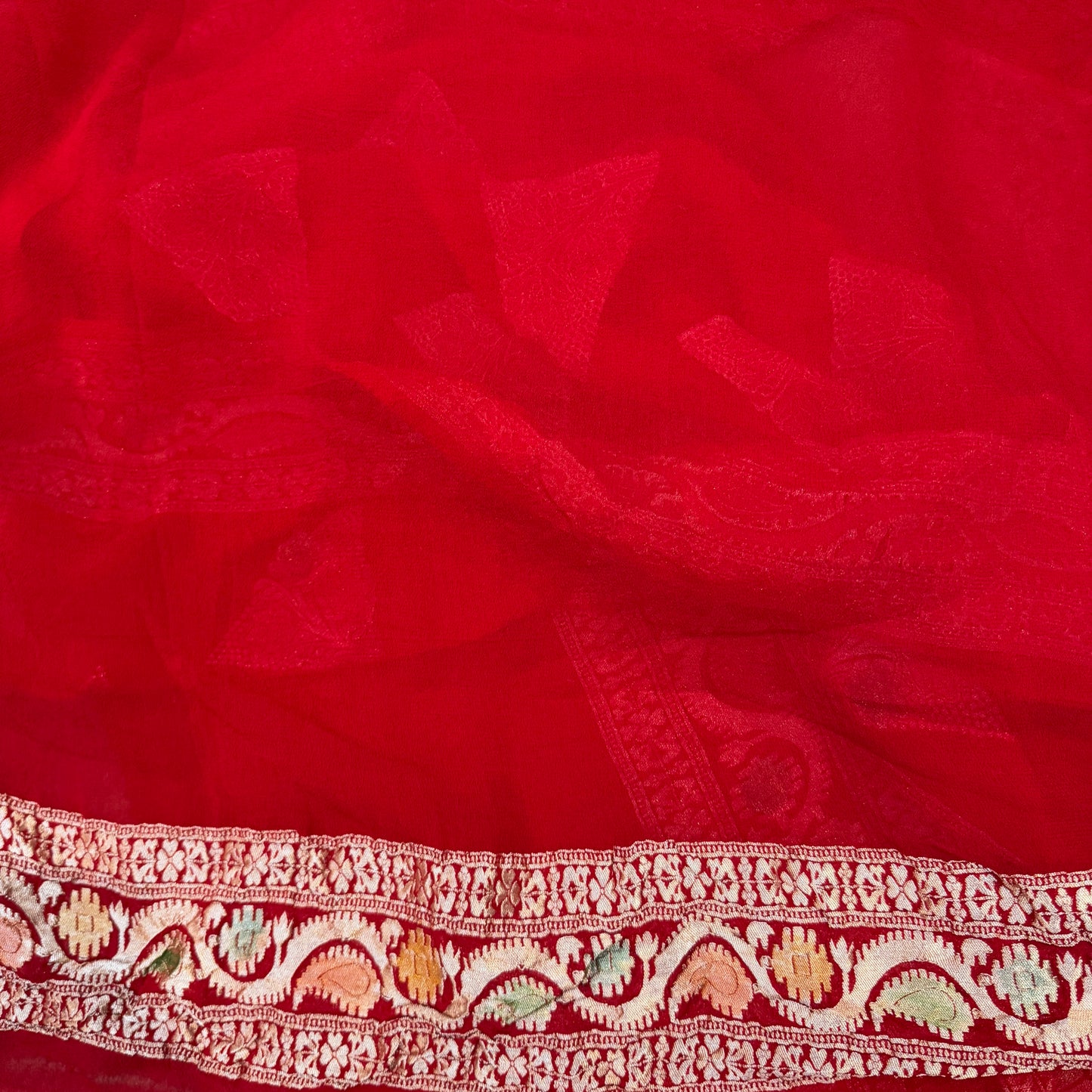Bright Red Pure Khaddi Georgette Handloom Banarasi Saree – Hand Brush Dye by Shades Of Benares - banarasi - banarasi saree shop - banarasi saree manufacturers - banarasi saree wholesale - banaraasi sarees