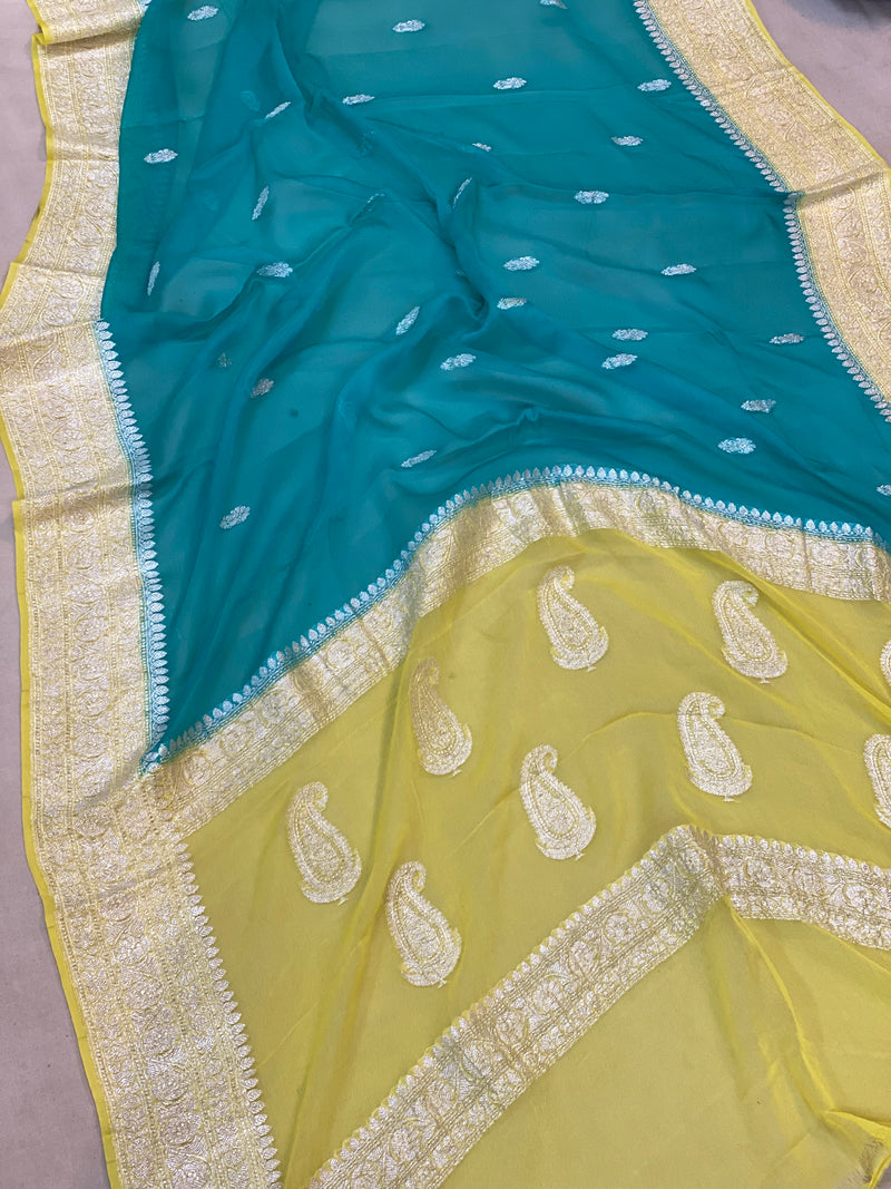 Luxurious Handloom Banarasi Saree in Sea Blue & Lime: Exquisite weaving by shades of benares.