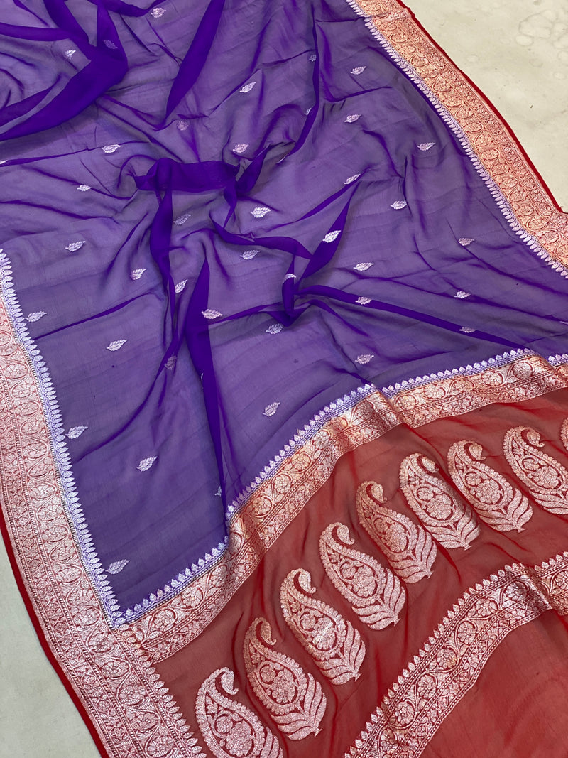 Luxurious Purple & Red Khaddi Chiffon Handloom Banarasi Saree. Perfect blend of elegance & opulence. By shades of Benares.
