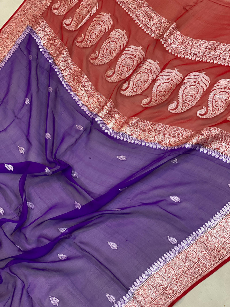 Luxurious Elegance: Purple & Red Pure Khaddi Chiffon Handloom Banarasi Saree by shades of benares.