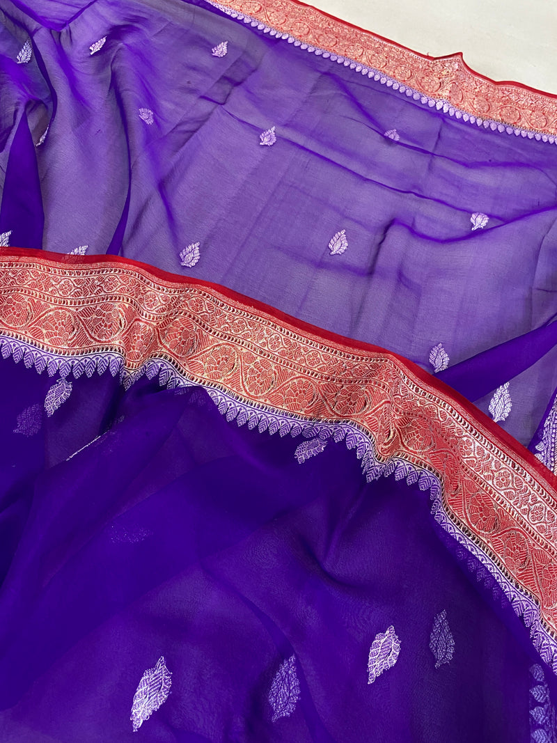 Luxurious Purple & Red Khaddi Chiffon Handloom Banarasi Saree - Shades of Benares, pure elegance.