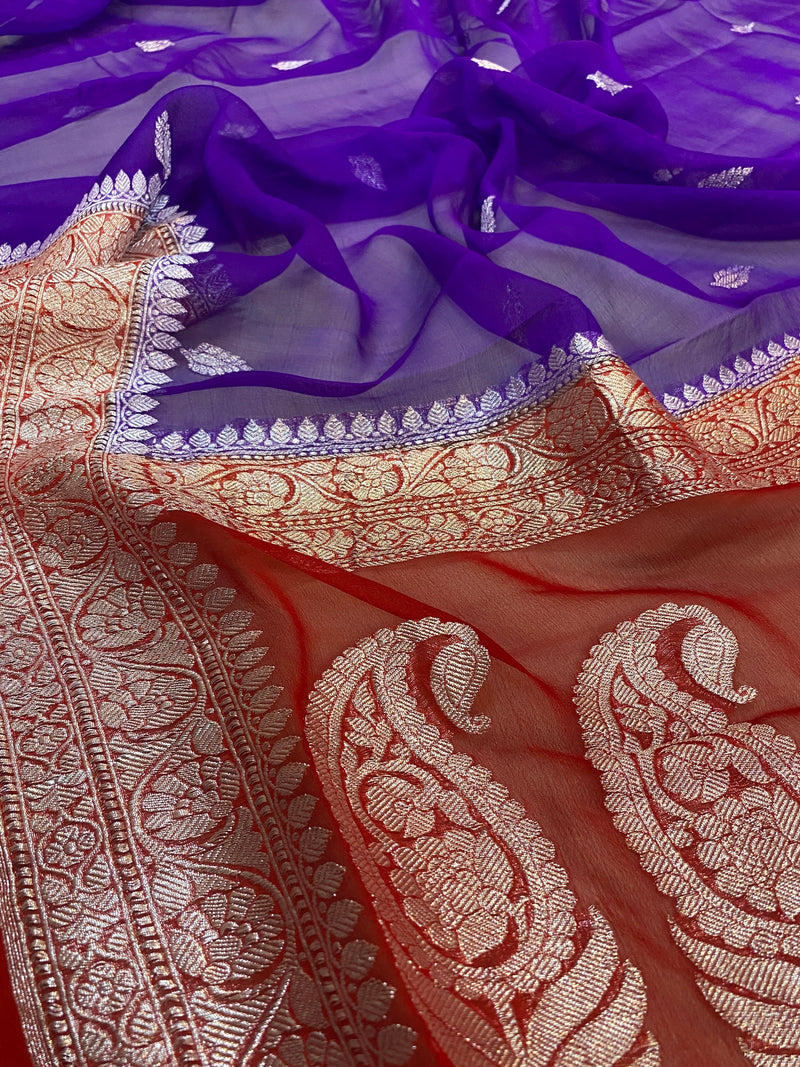 A luxurious purple and red pure Khaddi Chiffon Handloom Banarasi Saree by Shades of Benares.