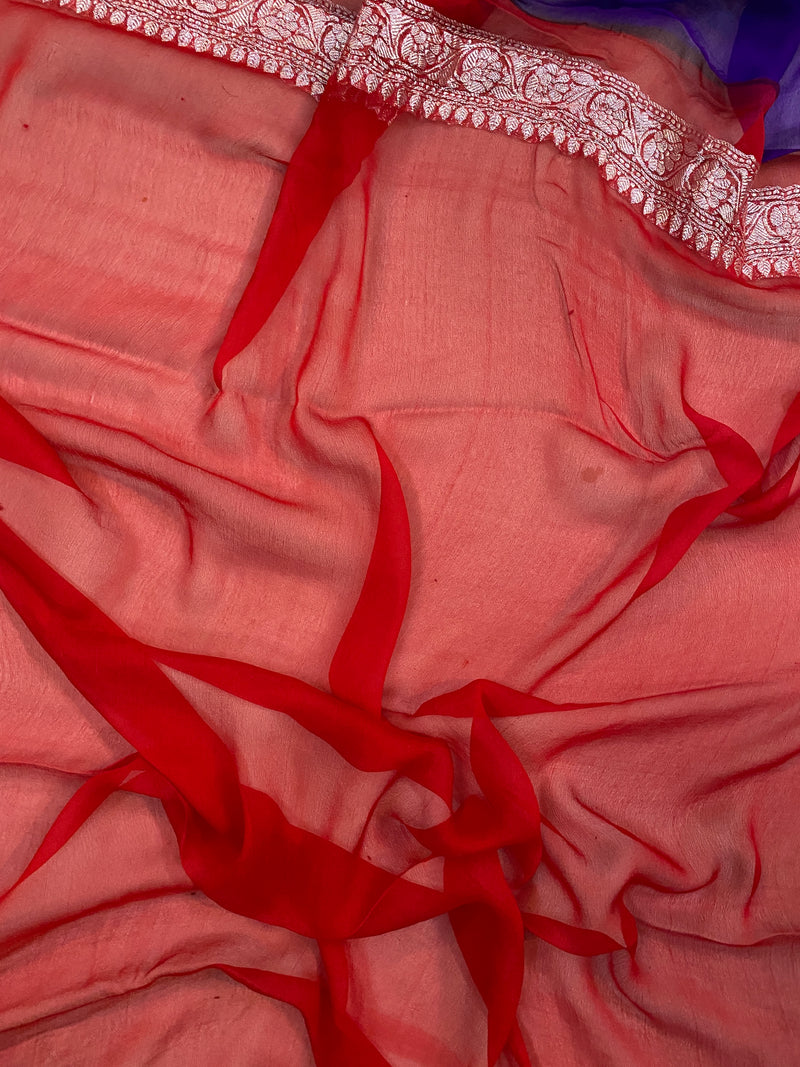 Luxurious Elegance: Purple and Red Pure Khaddi Chiffon Handloom Banarasi Saree by shades of benares.