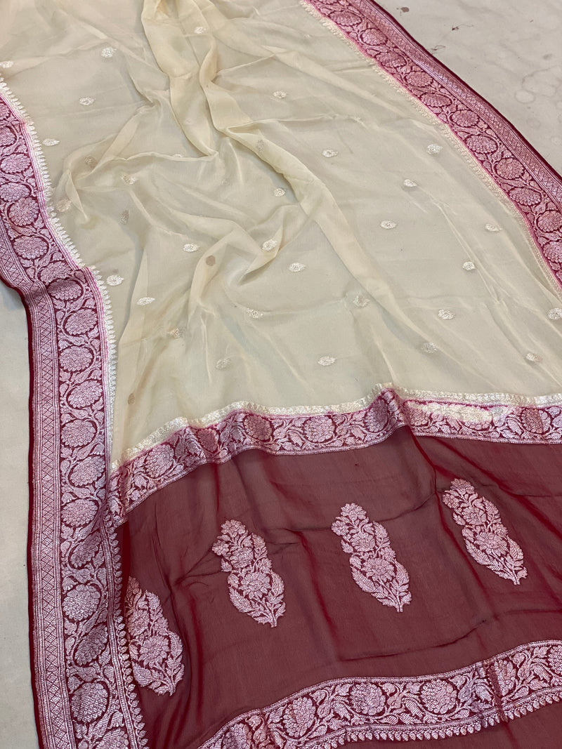 Get your hands on the exclusive White and Red Khaddi Chiffon Banarasi Saree by Shades of Benares - Shop Now!