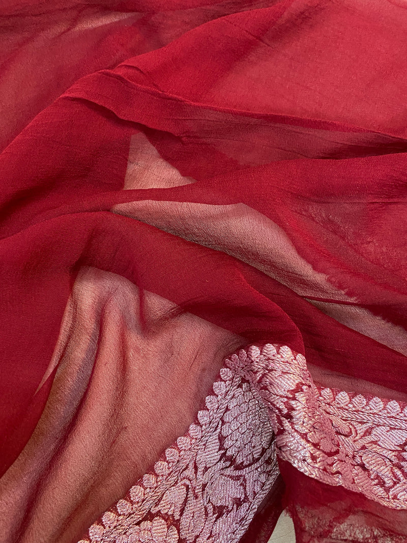 Limited edition White and Red Khaddi Chiffon Banarasi Saree by Shades of Benares. Shop now.