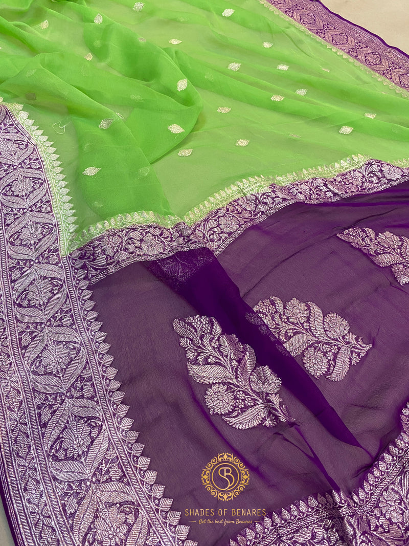 Parrot green & purple Khaddi chiffon Banarasi saree by Shades of Benares. Shop now for this stunning saree.