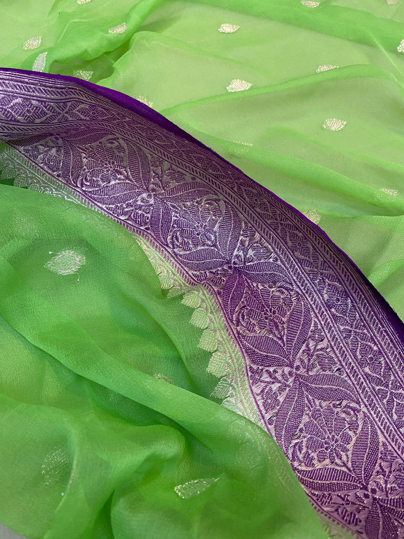 Vibrant green & purple Khaddi Chiffon Banarasi Saree by Shades of Benares. Shop now for this colorful masterpiece!