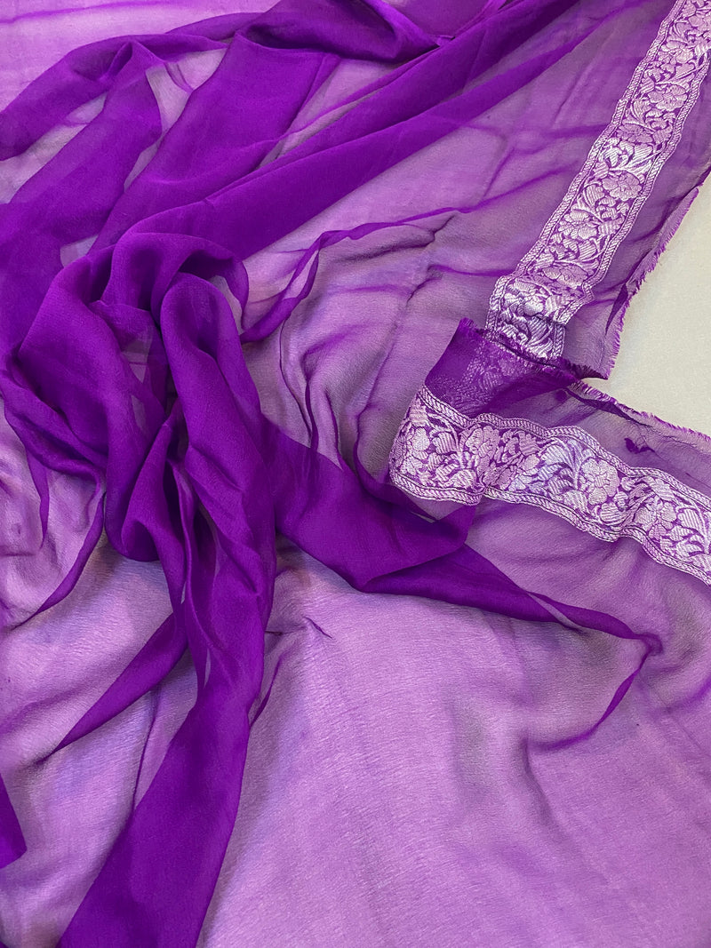 Parrot green & purple Khaddi chiffon banarasi saree with beautiful detailing. Shop now at Shades of Benares.