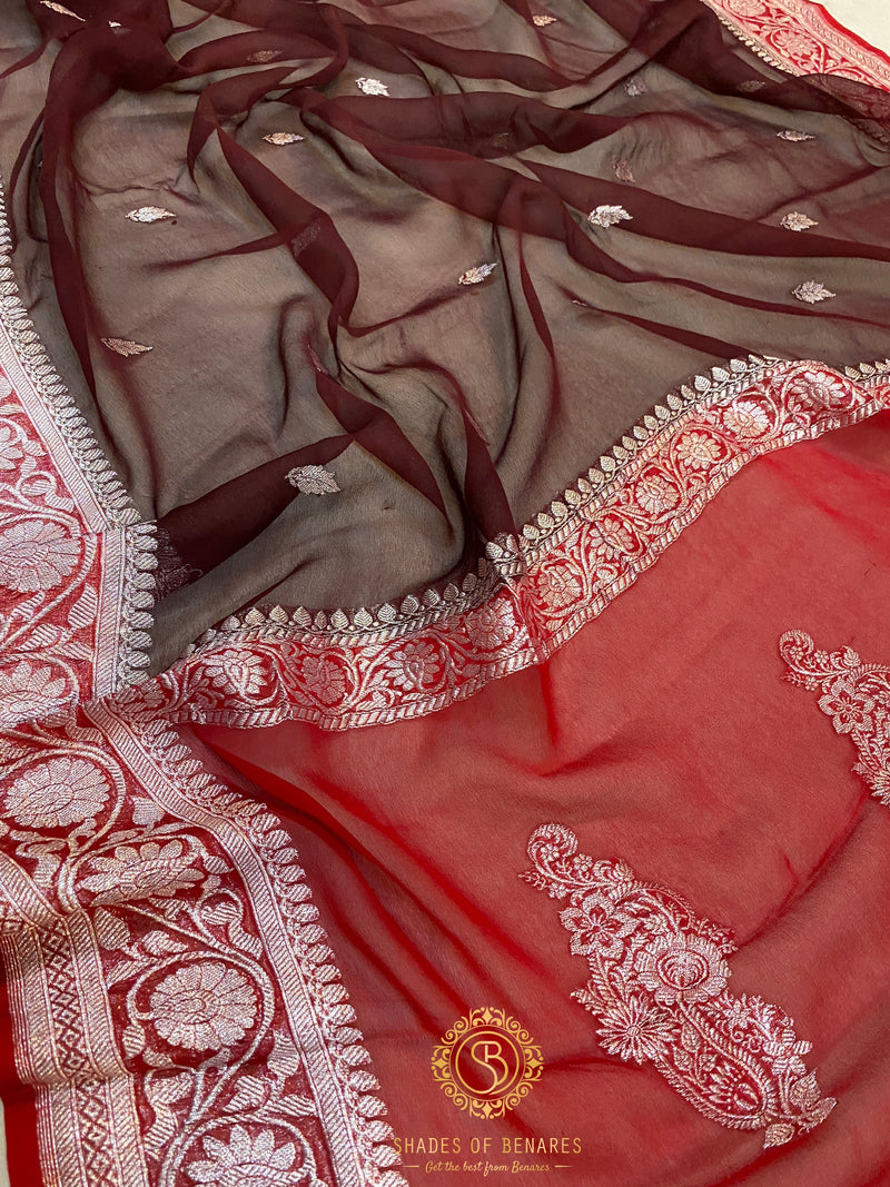 Sophisticated Elegance: Brown & Red Pure Khaddi Chiffon Handloom Banarasi Saree by Shades of Benares.