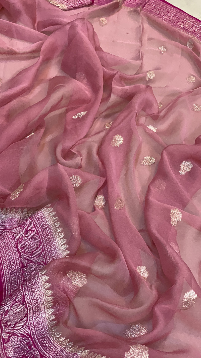 Radiant pink pure Khaddi Chiffon Handloom Banarasi Saree by Shades of Benares. A stunning and timeless beauty.