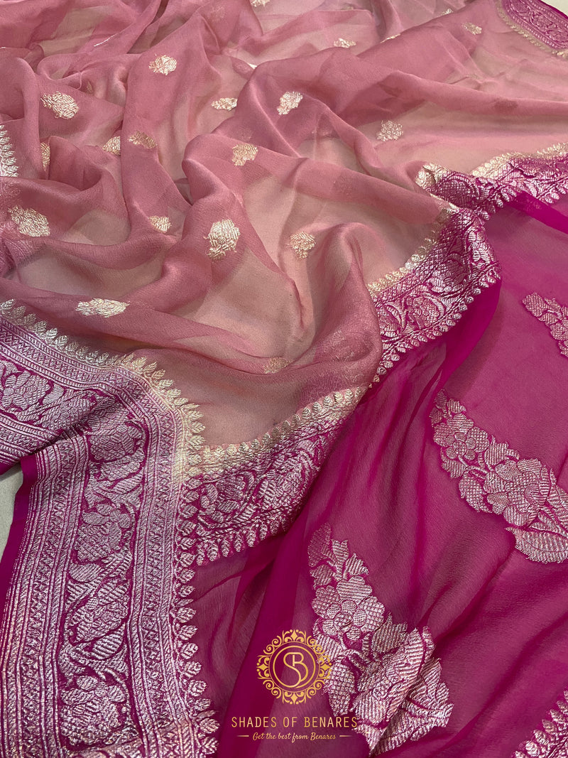 Radiant Beauty: Pink Pure Khaddi Chiffon Handloom Banarasi Saree by shades of benares.