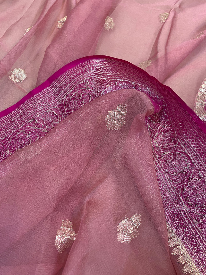 Elegant Pink Pure Khaddi Chiffon Handloom Banarasi Saree from Shades of Benares, exuding radiant beauty.