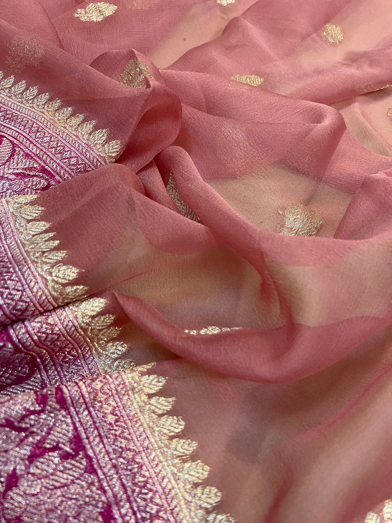 Pink Pure Khaddi Chiffon Handloom Banarasi Saree by Shades of Benares, radiating beauty and elegance.