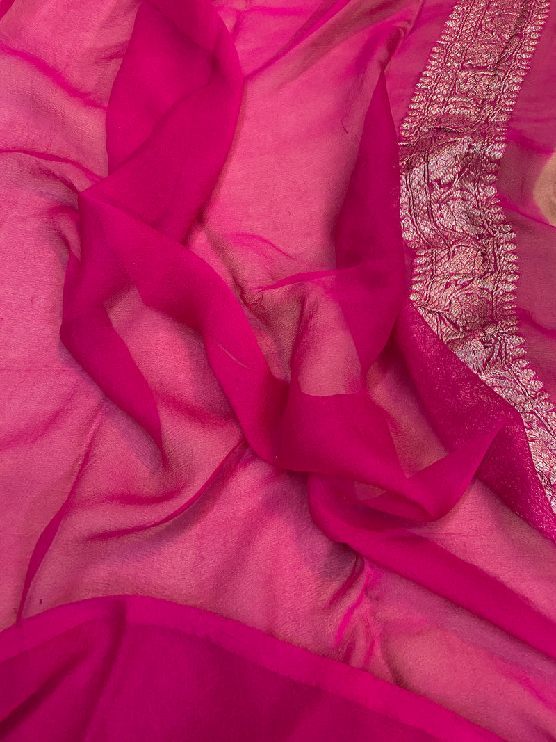 Shades of Benares Pink Pure Khaddi Chiffon Handloom Banarasi Saree, a radiant beauty in pink.
