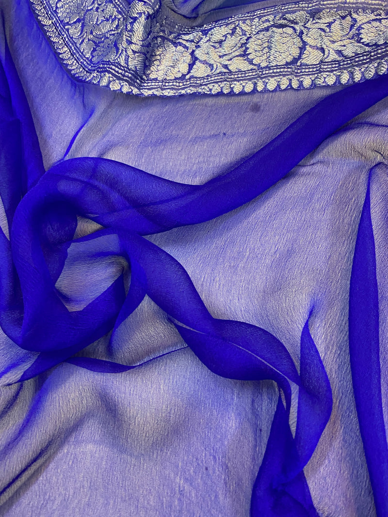Timeless Elegance: Blue Pure Khaddi Chiffon Handloom Banarasi Saree by Shades of Benares.