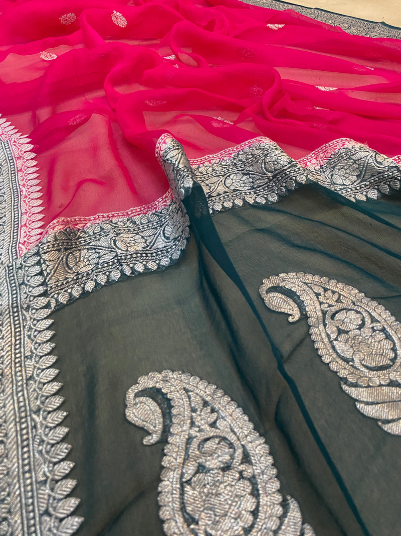 Elegant Rani Pink and Green Pure Khaddi Chiffon Handloom Banarasi Saree by Shades of Benares.