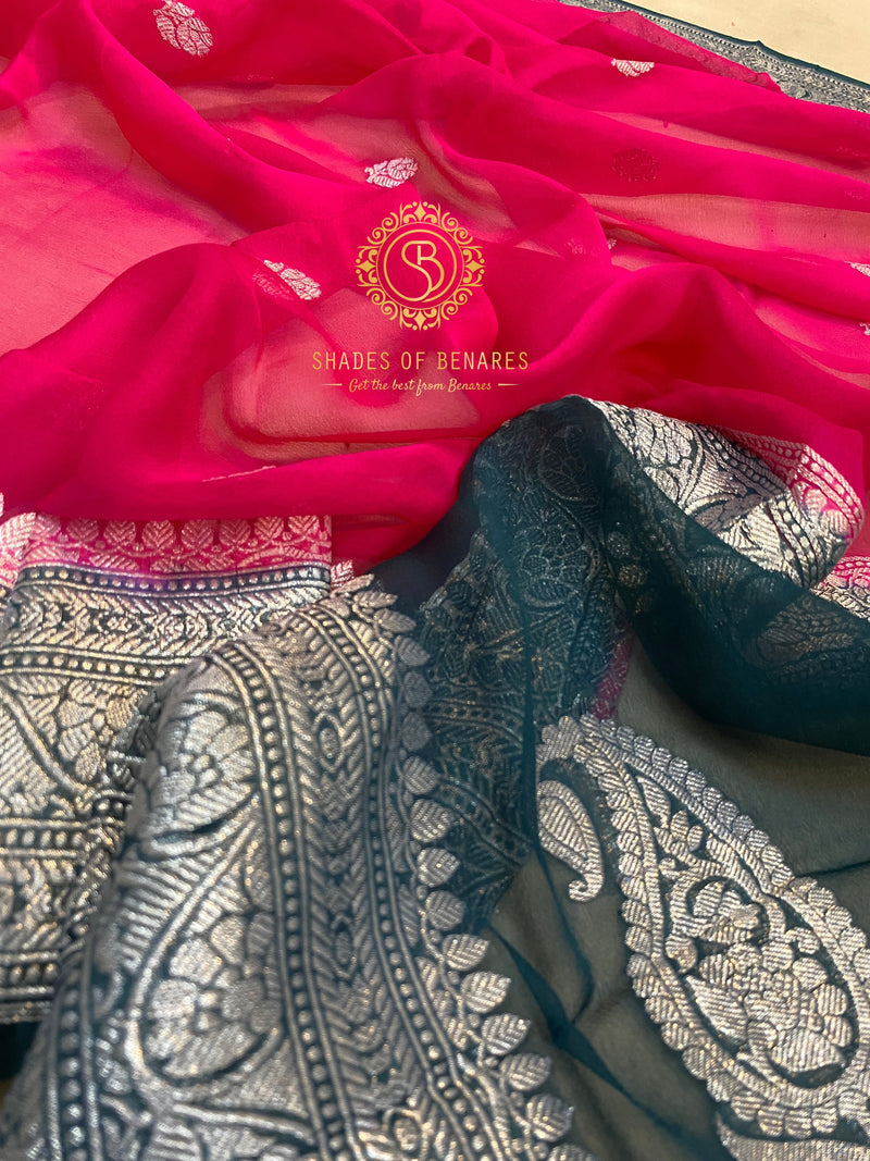 Royal Splendor: Rani Pink & Green Pure Khaddi Chiffon Handloom Banarasi Saree by shades of benares.
