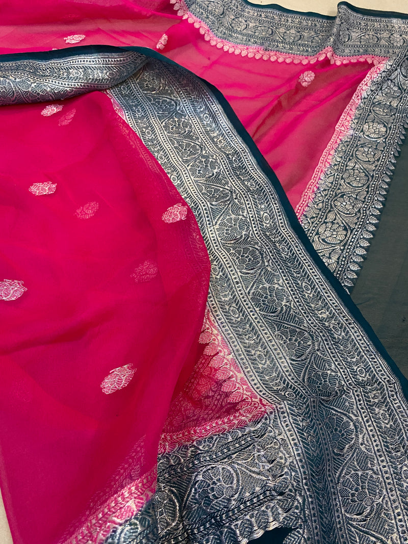 Luxurious Rani Pink and Green Pure Khaddi Chiffon Handloom Banarasi Saree from Shades of Benares.