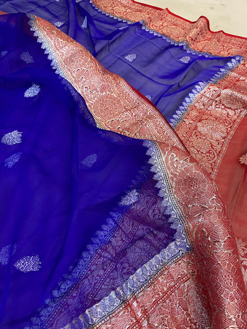 Stunning Khaddi Chiffon Handloom Banarasi Saree in royal blue and red by Shades of Benares.