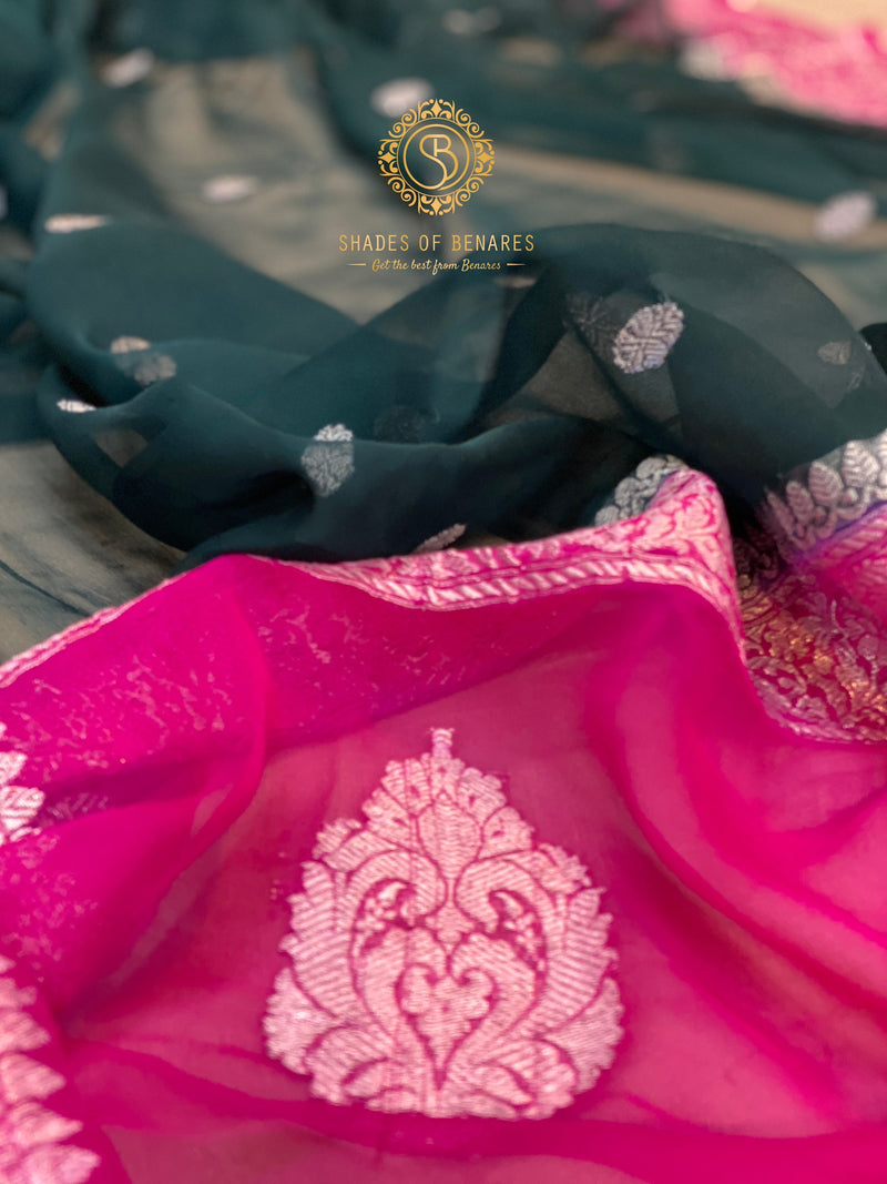 Bottle green and pink pure Khaddi Chiffon Handloom Banarasi Saree by Shades of Benares, exuding enchanting elegance.