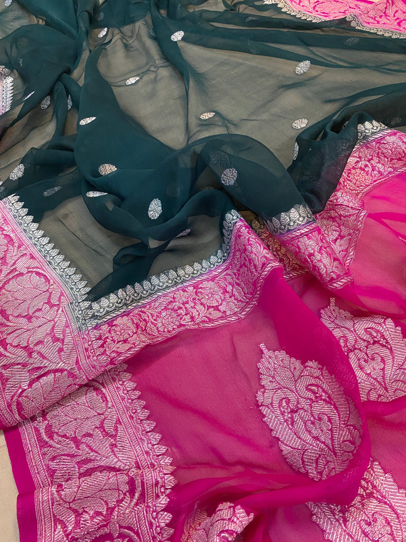 Pure Khaddi Chiffon Handloom Banarasi Saree in bottle green and pink, showcasing enchanting elegance by Shades of Benares.
