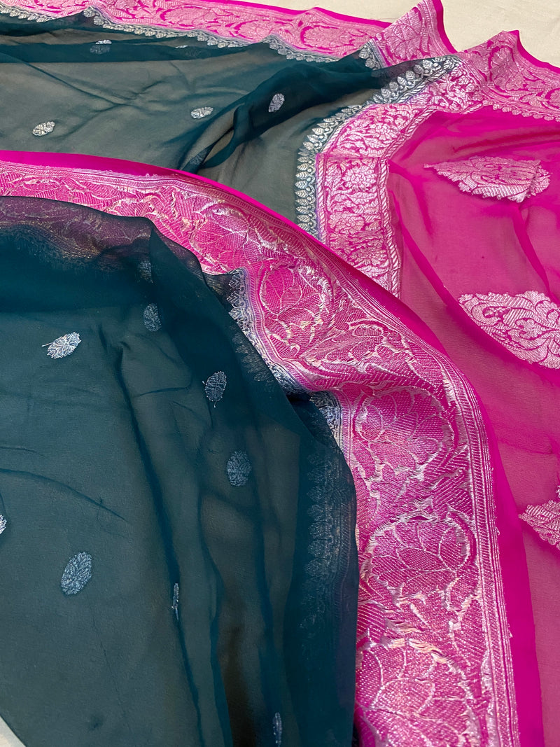Bottle green and pink pure khaddi chiffon handloom Banarasi saree by Shades of Benares, exuding enchanting elegance.