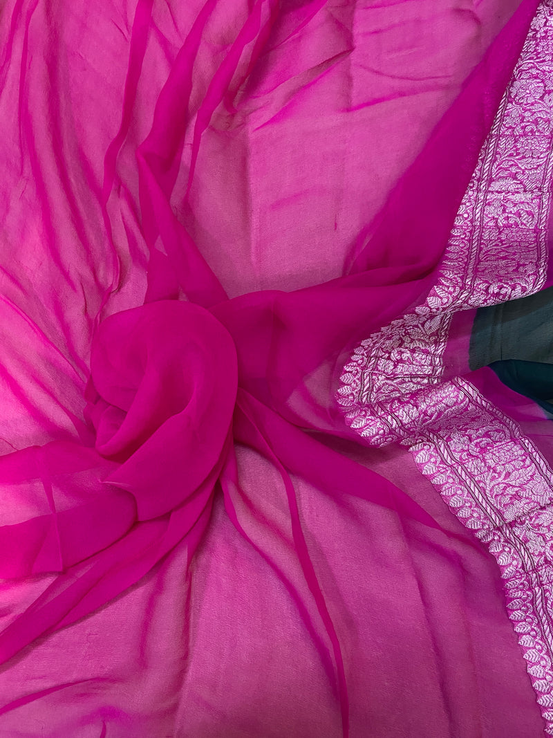Shades of Benares' enchanting bottle green & pink pure khaddi chiffon handloom Banarasi saree radiates elegance.