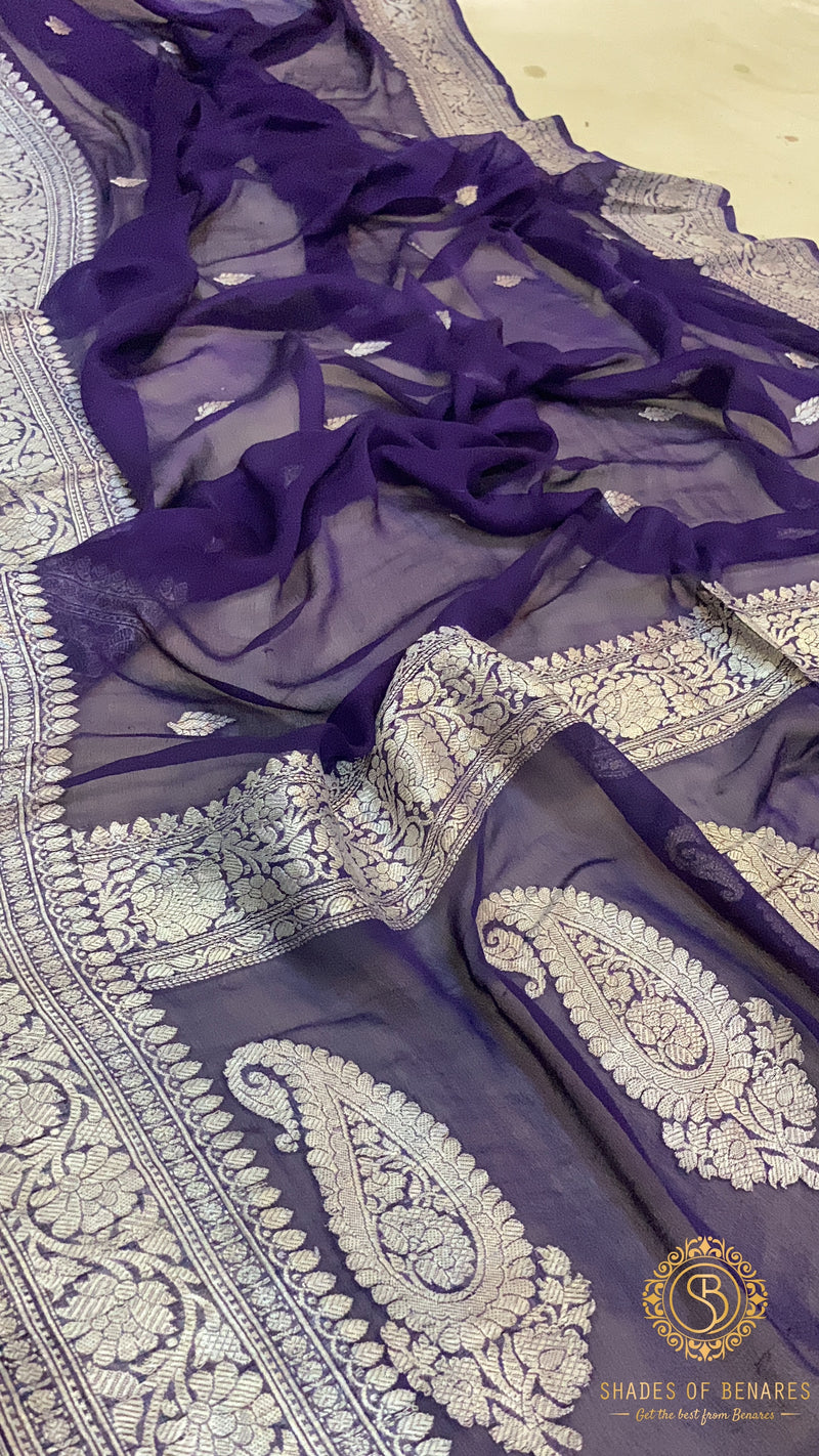 Regal Elegance: A purple pure Khaddi Chiffon Handloom Banarasi Saree by Shades of Benares.