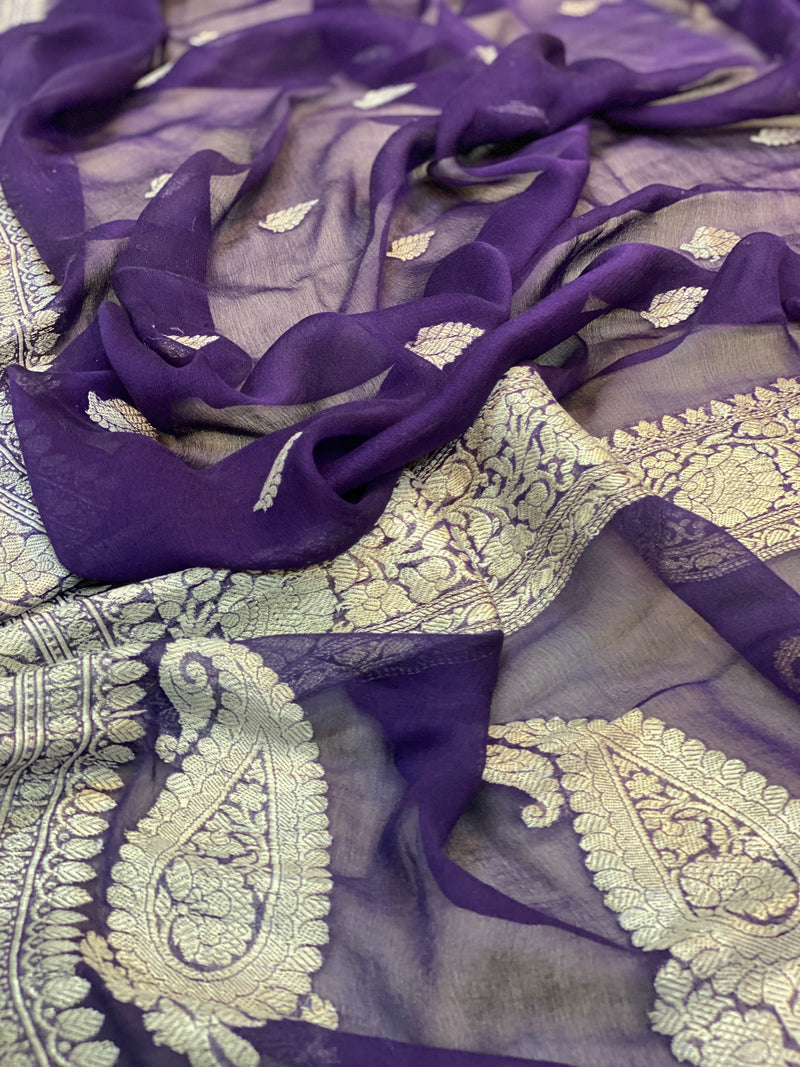 Regal Elegance: A stunning purple pure Khaddi Chiffon Handloom Banarasi Saree by Shades of Benares.