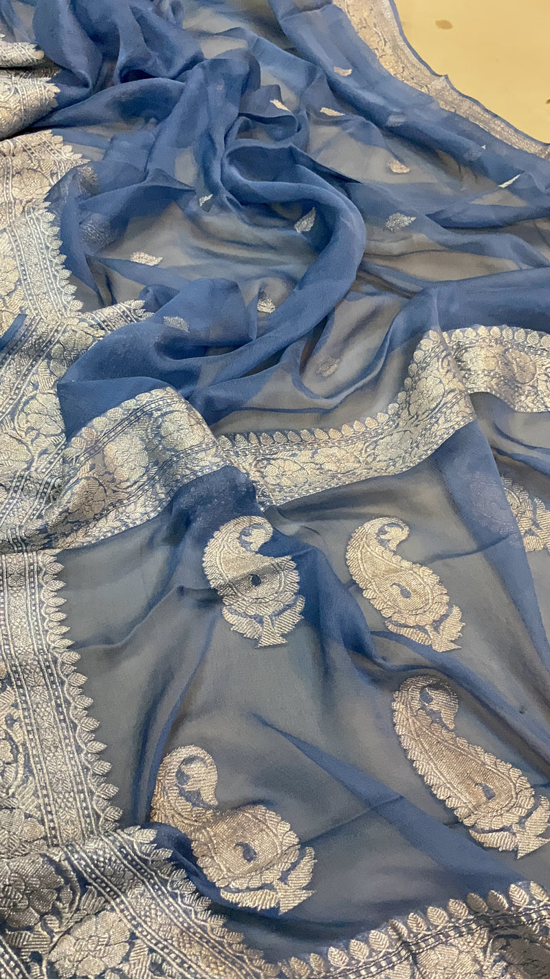 Elegant Greyish Blue Pure Khaddi Chiffon Handloom Banarasi Saree by shades of benares